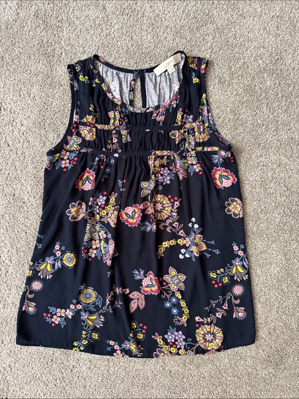 LOFT Navy Floral Sleeveless Top with Pink and Yellow Accents Size XS